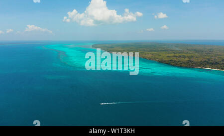 Marine: tropische Inseln mit Korallenriffen im blauen Wasser des Meeres, Ansicht von oben. Balabac, Palawan, Philippinen. Sommer und Reisen Urlaub Konzept. Stockfoto