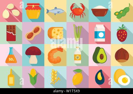 Nahrungsmittelallergie Symbole gesetzt. Flachbild der Nahrungsmittelallergie Vector Icons für Web Design Stock Vektor