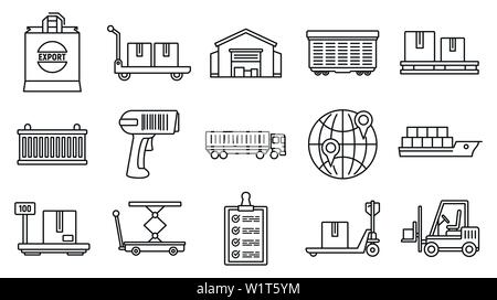 Welt Waren exportieren Symbole gesetzt. Umrisse der Welt Waren exportieren Vector Icons für Web Design auf weißem Hintergrund Stock Vektor