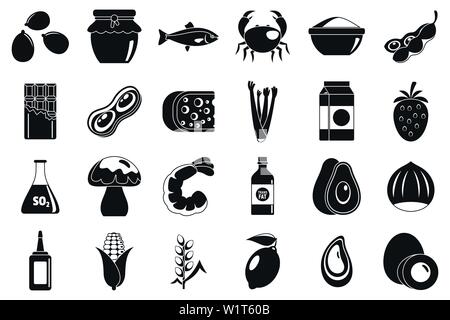 Nahrungsmittelallergie Intoleranz Symbole gesetzt. Einfache Nahrungsmittelallergie Intoleranz Vector Icons für Web Design auf weißem Hintergrund Stock Vektor