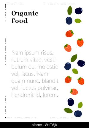 A4 Poster Vorlage mit Essen für Marketingmaterial. Bio - Flachbild Beeren für ein vegetarisches Restaurant Menü, ads, abdeckt. Design mit nützlichen bl Stock Vektor