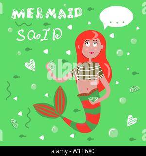 Mermaid Kinder Hintergrund. Badezimmer Wand Kunst Ideen. Grüner Hintergrund Skizze Herz, geometrischen Figuren. Unterwasserwelt mit Cartoon fantasy Meerjungfrau Girl wi Stock Vektor