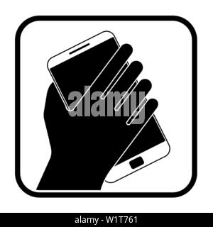 Schwarzweiß-Symbol mit Hand mit einem Telefon. Zelluläre Kommunikation oder Smartphone. Stock Vektor