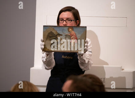 Sotheby's, London, Großbritannien. 3. Juli 2019. Im Sommer Alte Meister Abend Verkauf bietet Gemälde aus dem 14. - 19. Jahrhundert, die von vielen der wichtigsten Maler der westlichen Kunst. zu den Highlights gehören ein Meisterwerk von jedem der größte der britischen Landschaft Maler - Turner, Constable und Gainsborough - und außergewöhnliche Werke vom Barock von Ribera und die aussergewöhnlich seltene Johann Liss. Bild: Sano di Pietro, St. Donatus züchtigen der Drache, verkauft für 759,000 £. Credit: Malcolm Park/Alamy Leben Nachrichten. Stockfoto