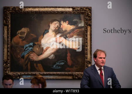 Sotheby's, London, Großbritannien. 3. Juli 2019. Im Sommer Alte Meister Abend Verkauf bietet Gemälde aus dem 14. - 19. Jahrhundert, die von vielen der wichtigsten Maler der westlichen Kunst. zu den Highlights gehören ein Meisterwerk von jedem der größte der britischen Landschaft Maler - Turner, Constable und Gainsborough - und außergewöhnliche Werke vom Barock von Ribera und die aussergewöhnlich seltene Johann Liss (Foto), die Versuchung des Hl. Maria Magdalena, die verkauft für £ 5,665,000. Credit: Malcolm Park/Alamy Leben Nachrichten. Stockfoto