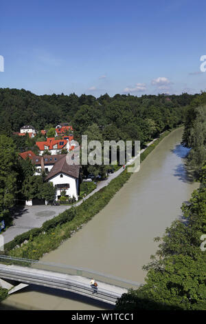 Blick von der Großhesseloher Brücke entlang der Isar Kanal, Solln, München, Oberbayern, Bayern, Deutschland Stockfoto