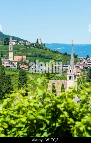 Blick auf das Dorf auf der Weinstraße mit vielen Kirchen, Tramin, Südtirol, Italien Stockfoto