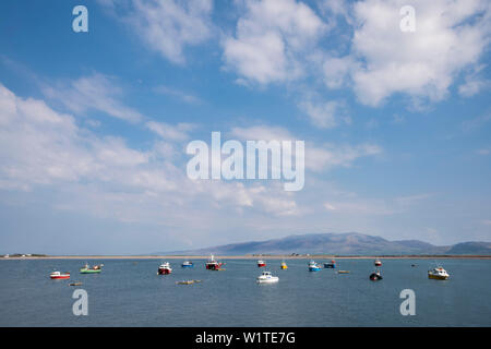 Bucht von Fahamore mit kleinen bunten Fischerbooten und Aussicht auf die Dingle Halbinsel von beim Gehen die Dingle Way, Hafen, Fahamore Candeehy gesehen Stockfoto