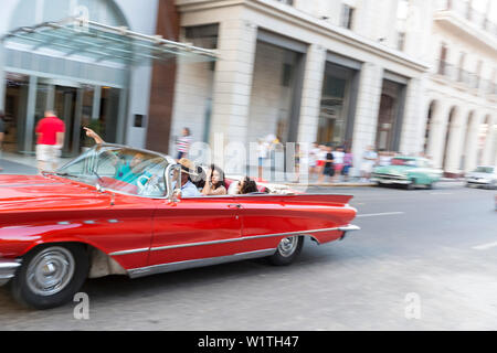 Rote Oldtimer, Cabrio entlang Pado und Paseo de Marti, historische Altstadt, Zentrum, Altstadt, Habana Vieja, Habana Centro, Familienreisen, Reisen nach Kuba, Ho Stockfoto