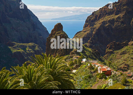 Blick über üppige Vegetation auf Masca, Teno Gebirge, Teneriffa, Kanarische Inseln, Islas Canarias, Atlantik, Spanien, Europa Stockfoto