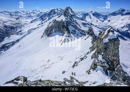 Drei Personen backcountry Skiing in absteigender Reihenfolge von Grundschartner, Grundschartner, Zillertaler Alpen, Tirol, Österreich Stockfoto