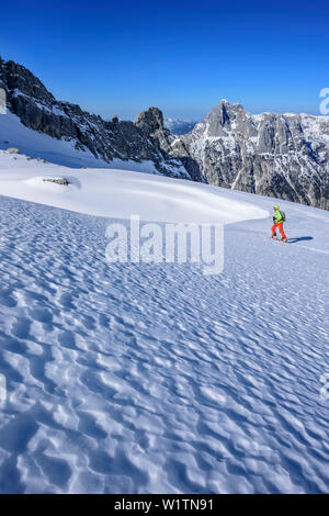 Frau backcountry Skiing aufsteigender Richtung Hochfeldscharte, Reiteralm im Hintergrund, Sittersbachtal, Hochfeldscharte, Nationalpark Berchtesgaden, Ber Stockfoto