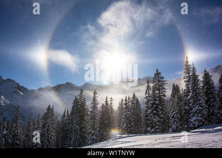 Deutschland, Bayern, Alpen, Oberallgaeu, Oberstdorf, Winterlandschaft, Winterurlaub, Wintersport, Schnee, Berge, Sonne Reflexion und Berg Panora Stockfoto