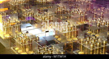 Glasblock mit glühenden micro Chips in Ihnen und abstrakte Strukturen. Neue techologiesneural Netzwerke 3D Rendering illustration Konzept. Stockfoto