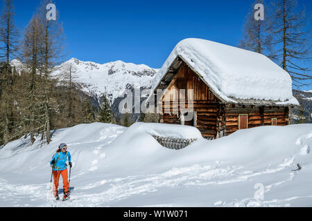 Frau backcountry Skiing vorbei an schneebedeckten Alphütte, Hoher Bolz, Kreuzeckgruppe, Nationalpark Hohe Tauern, Kärnten, Österreich Stockfoto