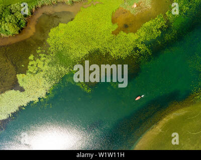 Luftaufnahme des Feldes in der Chiemsee Wieser Bucht; kleines Segelboot und schwimmende Person von einer herrlichen grünen Schattierungen von Wasser Pflanzen umgeben und Stockfoto