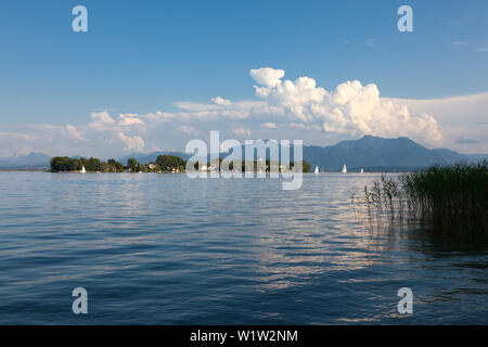 Blick auf den Chiemsee mit Fraueninsel, in der Nähe von Gstadt, Bayern, Deutschland Stockfoto