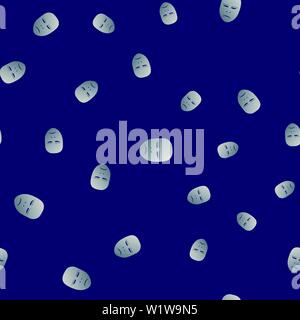 Nahtlose Muster des theatralischen Maske mit schmerzhaften Emotionen. Vector Illustration. Silber Maske mit Farbverlauf auf blauem Hintergrund. Stock Vektor