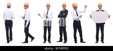 Panorama Foto Collage von qualifizierten Architekten isoliert auf weißem Stockfoto