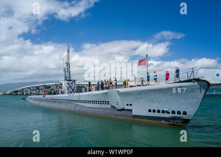 USS Bowfin U-Boot in Pearl Harbor auf Hawaii ist für Besichtigungen geöffnet. Stockfoto