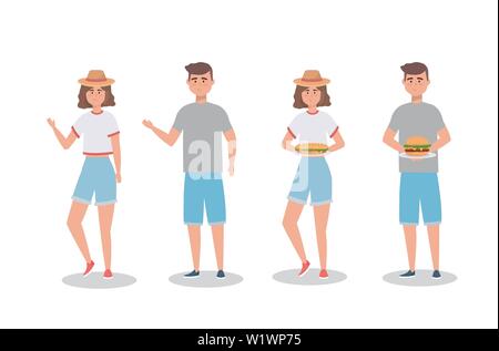Einstellen der Frauen und Männer mit sandwinch und Hamburger auf weißem Hintergrund, Vector Illustration Stock Vektor
