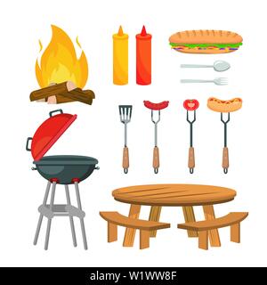 Satz von Picknick Entspannung mit Essen vom Grill und Snackbar mit weißem Hintergrund, Vector Illustration Stock Vektor