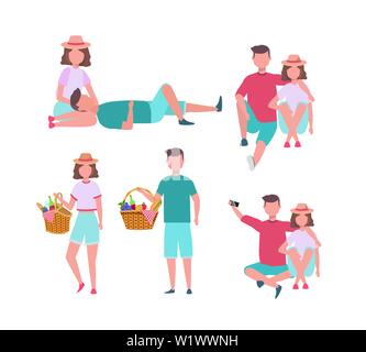 Satz von Frauen und Männern Paar mit Lebensmitteln behindern auf weißem Hintergrund, Vector Illustration Stock Vektor