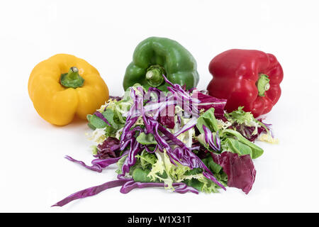 Spinat, Kopfsalat, Kohl und Paprika, Grün, Gelb und Rot auf weißem Hintergrund. Stockfoto