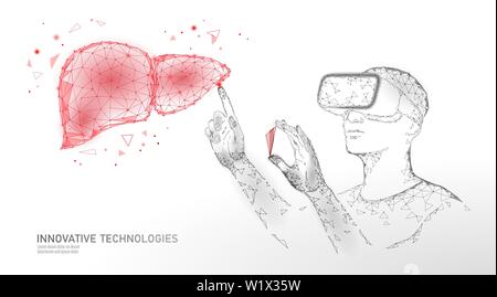 Männliche moderne Doktor Betreiben der menschlichen Leber. Virtuelle Realität Hilfe laser Operation. 3D-VR-Headset augmented reality Brille Medizin online digital Stock Vektor