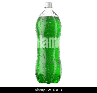 Einem unregelmäßig geformten Kunststoff 2 liter Grün soda Flasche mit Kondensation Tropfen auf einem isolierten weißen studio Hintergrund - 3D-Rendering Stockfoto