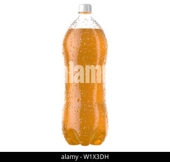 Einem unregelmäßig geformten Kunststoff 2 Liter orange Soda Flasche mit Kondensation Tropfen auf einem isolierten weißen studio Hintergrund - 3D-Rendering Stockfoto