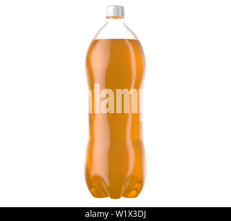 Einem unregelmäßig geformten Kunststoff 2 Liter orange Soda Flasche auf einem isolierten weißen studio Hintergrund - 3D-Rendering Stockfoto