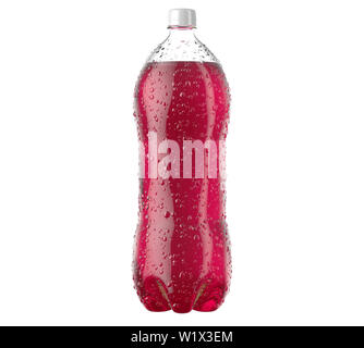 Einem unregelmäßig geformten Kunststoff zwei Liter pink Soda Flasche mit Kondensation Tropfen auf einem isolierten weißen studio Hintergrund - 3D-Rendering Stockfoto