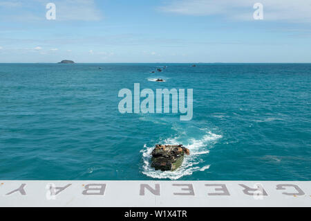 190702-N-DX 072-1048 CORAL SEA (2. Juli 2019) Angriff Amphibienfahrzeuge (AAV), zugeordnet zu den 31 Marine Expeditionary Unit (MEU) Ansatz der gut Deck des amphibious Transport dock Schiff USS Green Bay LPD (20). Green Bay, Teil der Wasp amphibischen bereit, Gruppe, mit Eingeschifft 31 MEU, arbeitet in der indopazifischen Region Interoperabilität mit Partnern zu verbessern und dienen als ready-Response Force für jede Art von Kontingenz, und stellen gleichzeitig eine flexible und tödliche Krise Response Force bereit, eine breite Palette von militärischen Operationen auszuführen. (U.S. Marine Foto von Masse Comm Stockfoto