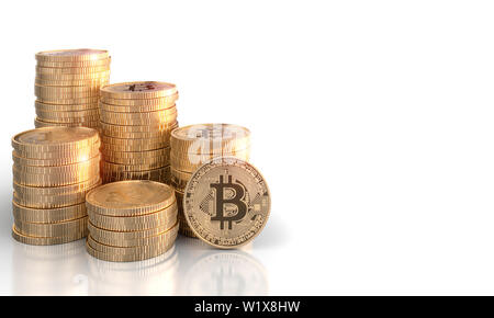 3D-Render Bild der Stapel von bitcoin Goldmünzen auf weißem Hintergrund. Konzept der elektronischen Währung und blockchain Stockfoto