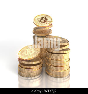3D-Render Bild der Stapel von bitcoin Goldmünzen auf weißem Hintergrund. Konzept der elektronischen Währung und blockchain Stockfoto
