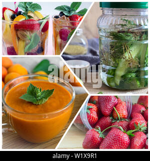 Vegetarisches Essen: Fruchtsäfte, smoothies Erdbeeren Gurken Stockfoto