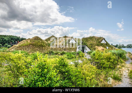 Werkendam, Niederlande, 3. Juli 2019: Ansicht der Biesbosch Museum, es ist das grüne Dach ein integraler [Kunst in der Landschaft des Nationalparks Stockfoto