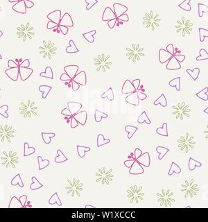 Nahtlose bunte doodle Hintergrund mit Blumen und Schmetterlingen. Vector Illustration für Verpackung und Druck auf Gewebe Stock Vektor