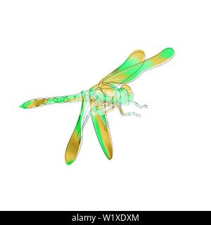 Cartoon happy Dragonfly rot grün und Neon Licht. Libelle mit offenen Flügeln auf bunten verschwommenen Hintergrund. Stock Vektor