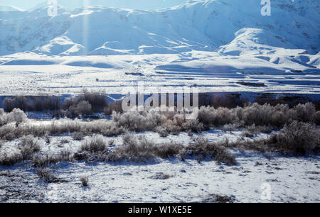 Verschneite Landschaft aus dem Zugfenster, Hintergrund Stockfoto