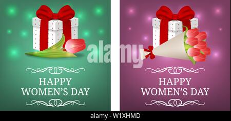 Women's Day Party Einladungen und Grußkarten mit Geschenkbox und Blumenstrauß aus Tulpen. Geschenkbox mit roter Schleife. Vector Illustration. Stock Vektor