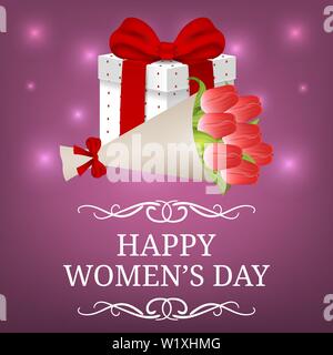 Women's Day Party Einladungen und Grußkarten mit Geschenkbox und Blumenstrauß aus Tulpen. Geschenkbox mit roter Schleife. Vector Illustration. Stock Vektor
