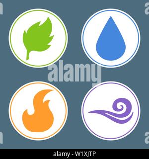 Vier Elemente: Feuer, Wasser, Erde, Luft. Natur Element Aufkleber. Vector Illustration für Ihr Design. Stock Vektor