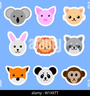 Einstellen der Tiere Aufkleber. Katze, Kaninchen, Schwein, Löwen, Panda, Fox. Vektor Sammlung lustige Tiere. Stock Vektor