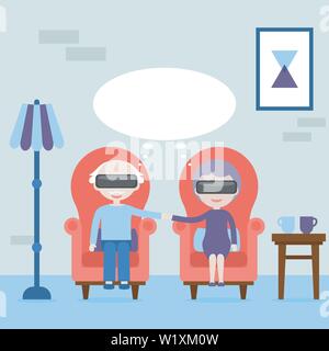Ältere Menschen fühlen sich junge in der virtuellen Realität. Großmutter und Großvater mit Virtual reality Headset zu Hause im Sessel. Das Konzept der Virtuellen Realität. Stock Vektor