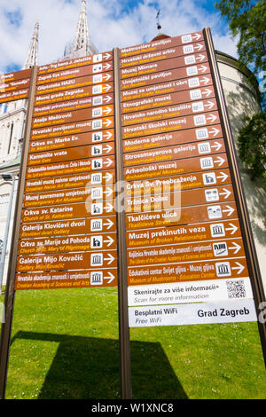 Zeichen in Kroatisch und Englisch zeigt die Richtung zu den wichtigen Sehenswürdigkeiten, Kaptol, Zagreb, Kroatien. Stockfoto