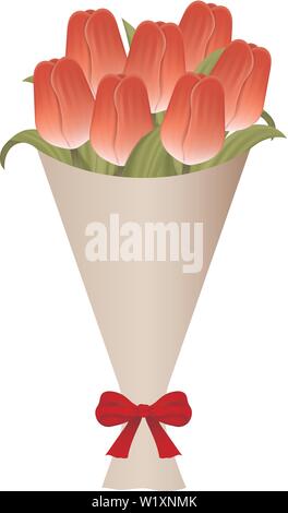 Blumenstrauß aus Tulpen in Papier mit roter Schleife. Geschenk Blumenstrauß. Vector Illustration für Ihr Design isoliert auf weißem Hintergrund. Stock Vektor