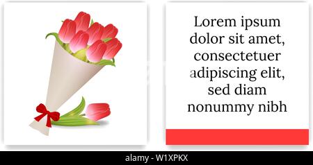 Grußkarten oder Einladungen mit Blumenstrauß aus Tulpen. Blumenstrauß aus Tulpen in Papier mit roter Schleife. Vorderseite und Rückseite. Platz für Text. Vecto Stock Vektor