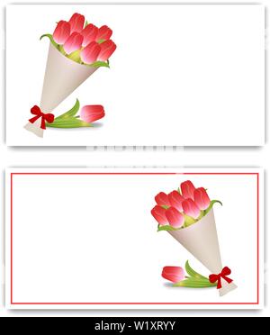 Grußkarten oder Einladungen mit Blumenstrauß aus Tulpen. Blumenstrauß aus Tulpen in Papier mit roter Schleife. Platz für Text. Vector Illustration. Stock Vektor